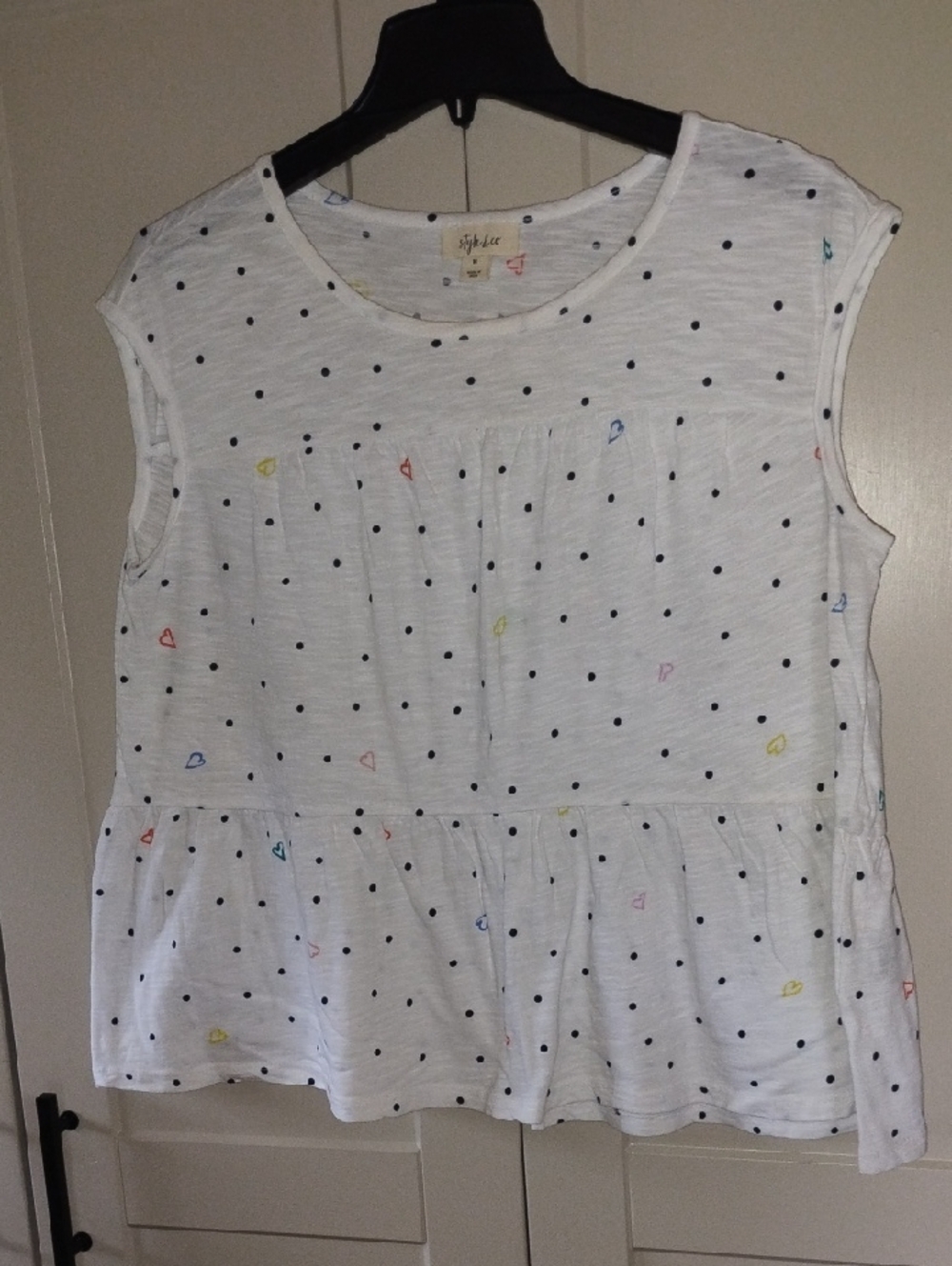 Style & Co. White Polka Dot Peplum Tank with Multicolor Hearts